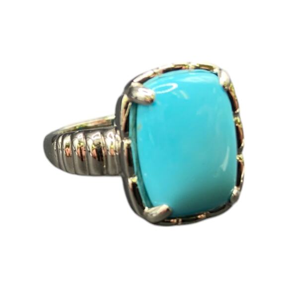 Turquoise 925 Sterling Silver Ring Gemstone Prong Set Rectangle DK Size 7.5 - Picture 4 of 14
